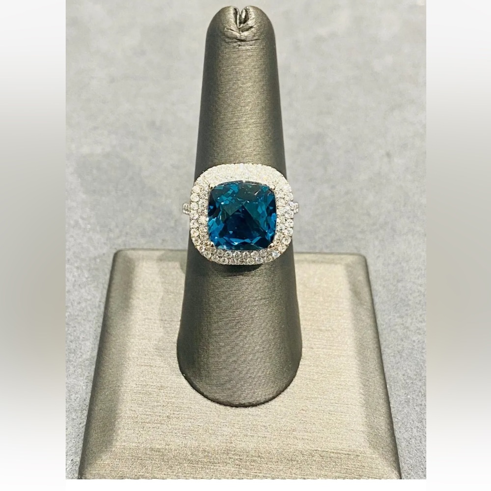 EFFY Deep LONDON BLUE TOPAZ & Bright DIAMOND Halo set in 14k White Gold RING LN - Picture 4 of 11